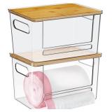 Trash Bag Dispenser 2 Pack, Acrylic Garbage Bags Dispenser with Bamboo Top, Extra Large Trash Bag Holder Dispensers Under Sink for Kitchen, Cabinet, Laundry Room, Pantry Organizer and Storage