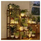 Bamworld Plant Stand Indoor with Flower Fairy Lights Battery Plant Shelf Wood Plant Rack for Multiple Plants 3 Tiers Ladder Plant Holder for 7 Pots for Living Room Home Decor for Gardening Gifts
