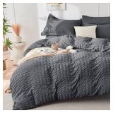 HYMOKEGE Queen Comforter Set Seersucker 7 Pieces, All Season Luxury Bed in a Bag for Bedroom, Bedding Set with Comforters, Sheets, Pillowcases & Shams, Dark Grey