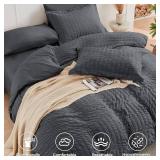 HYMOKEGE Queen Comforter Set Seersucker 7 Pieces, All Season Luxury Bed in a Bag for Bedroom, Bedding Set with Comforters, Sheets, Pillowcases & Shams, Dark Grey