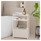 Narrow Side Table, Slim End Tables with Fabric Basket, Skinny Table for Small Spaces, Thin Bedside Table for Living Room, Bedroom (1, White + Camel Brown)