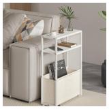Narrow Side Table, Slim End Tables with Fabric Basket, Skinny Table for Small Spaces, Thin Bedside Table for Living Room, Bedroom (1, White + Camel Brown)