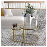 aboxoo Gold Nesting Coffee Table Set of 2, Small Glass Round Nesting Tables for Living Room Bedroom, Accent Tea Table with Metal Frame Modern Industrial Simple