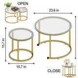 aboxoo Gold Nesting Coffee Table Set of 2, Small Glass Round Nesting Tables for Living Room Bedroom, Accent Tea Table with Metal Frame Modern Industrial Simple