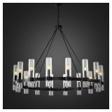 $333 48 Inch Black Wagon Wheel Chandelier with Glass Shade, 16 Lights, Large Modern Farmhouse Style, Ideal for Dining Room, Kitchen, Entryways