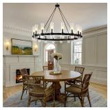 $333 48 Inch Black Wagon Wheel Chandelier with Glass Shade, 16 Lights, Large Modern Farmhouse Style, Ideal for Dining Room, Kitchen, Entryways