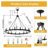 $333 48 Inch Black Wagon Wheel Chandelier with Glass Shade, 16 Lights, Large Modern Farmhouse Style, Ideal for Dining Room, Kitchen, Entryways
