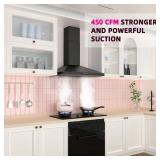 $150 FIREGAS Black Range Hood 30 Inch, Wall Mount Kitchen Hood Ducted/Ductless Convertible, 450 CFM, 3-Speed Exhaust Fan, Stainless Steel Stove Vent for Kitchen with LED Lights, Charcoal Filters