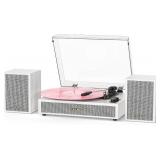 $122 Vinyl Record Player with External Speakers, 3 Speed Vintage Belt Drive Turntable Record Player with Stereo Speakers RCA Audio Out and Aux-in, White Wood
