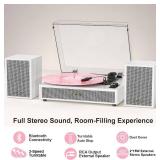 $122 Vinyl Record Player with External Speakers, 3 Speed Vintage Belt Drive Turntable Record Player with Stereo Speakers RCA Audio Out and Aux-in, White Wood