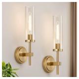 Wall Sconces Set of Two, Brushed Gold Bathroom Sconces with Clear Glass, Hardwired Sconces Wall Decor Set of 2, Modern Wall Light Fixtures for Bathroom Mirror Living Room Bedroom Hallway