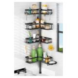HAMITOR Shower Caddy Tension Pole: 4-Tier Corner Rustproof Bathroom Organizer with Soap Holder & Hooks - No-Drill Adjustable Shower Shelf for Renters - Family Stand Storage Rack - 47-123 Inch Black