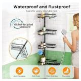 HAMITOR Shower Caddy Tension Pole: 4-Tier Corner Rustproof Bathroom Organizer with Soap Holder & Hooks - No-Drill Adjustable Shower Shelf for Renters - Family Stand Storage Rack - 47-123 Inch Black