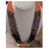 Multi-Strand Seed Bead Necklace in Coral and Grey