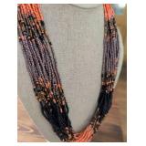 Multi-Strand Seed Bead Necklace in Coral and Grey