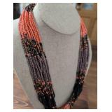 Multi-Strand Seed Bead Necklace in Coral and Grey