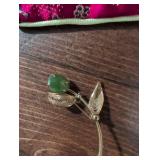 Green Jade and Gold Leaf Brooch