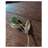 Green Jade and Gold Leaf Brooch