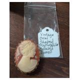 Oval Pink and White Celluloid Cameo Brooch