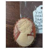 Oval Pink and White Celluloid Cameo Brooch