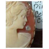 Oval Pink and White Celluloid Cameo Brooch