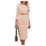 PRETTYGARDEN Ribbed Knit Midi Dress Size Small, Tan