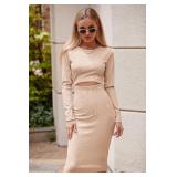 PRETTYGARDEN Ribbed Knit Midi Dress Size Small, Tan