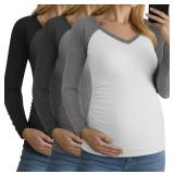 3 Pack Maternity Shirts Long Sleeve V Neck Women Pregnancy Tops Side Ruched Color Block Raglan Baseball Clothes, Large