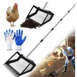 2-in-1 Chicken Poop Scooper & Rake with Gloves, Large Metal Chicken Poop with Long Stainless Steel Handle (20