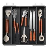 Aujen Silverware Organizer - Expandable Kitchen Drawer Organizer, Adjustable Utensil Organizer, Cutlery Tray for Forks, Knives, Multipurpose Kitchen Organizers and Storage Solution, Black, X-Large