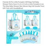 Frienda 50 Pcs Little Pumpkin Gift Bags Fall Baby Shower Party Favor 8 x 8 x 6 Inch a Little Pumpkin Is on The Way Baby Shower Non Woven Bag Fall Goodie Treat Gift Tote with Handle(Blue)