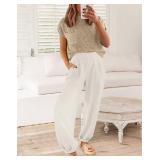 Anrabess 2 Piece Ribbed Khaki Knit Long Sleeve Sweater and White Lounge Pant Set Size M - Sweater is long sleeve