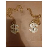 Spooktacular Creations 2 pcs Gold Dollar Chains Necklaces, Money Pendant Chain Hip Hop Dollar Sign Necklace Jewelry Halloween Accessory for Men Women Dress Up Party - Retail: $10