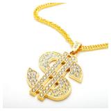 Spooktacular Creations 2 pcs Gold Dollar Chains Necklaces, Money Pendant Chain Hip Hop Dollar Sign Necklace Jewelry Halloween Accessory for Men Women Dress Up Party - Retail: $10