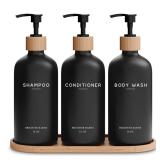 Black Shampoo and Conditioner Dispenser Set by Brighter Barns - Body Wash, Shampoo Dispenser for Shower with Pump - Refillable Plastic Shower Soap Dispenser for Bathroom Decor in Home, Airbnb (Black) 
