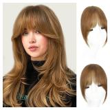 Clip in Bangs, 100% Real Human Hair Fake Clip on Bangs Hairpieces for Women French Bangs Light Auburn Brown Fringe with Temples Curved Curtain Bangs for Daily Wear