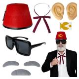 8 Pcs Halloween Old Man Costumes Accessories, Red Fez Hat, Gray Beard Eyebrow, Black Square Glasses, Fake Ears, Long Silk Bow Tie for Halloween Men Cosplay Dress up