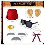 8 Pcs Halloween Old Man Costumes Accessories, Red Fez Hat, Gray Beard Eyebrow, Black Square Glasses, Fake Ears, Long Silk Bow Tie for Halloween Men Cosplay Dress up