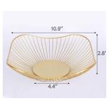Short Curved-Edge Modern Creative Stylish Single Tier Dish, Metal Iron Wire Fruit Vegetables Bread Decorative Stand Serving Bowls Basket Holder (Square Dish) (Gold) - Retail: $14