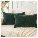 Pack of 2 Green Throw Pillow Covers 12x20 Inch Soft Chenille Lumbar Pillow Covers for Sofa Living Room Couch Solid Dyed Cases - Retail: $18