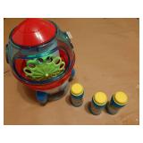 Rocket-Shaped Bubble Machine for Kids & Pets - Dual Powerful Bubble Outlets, Automatic 360Â° Rotation, Adjustable LED Lights & Music â Ideal for Indoor/Outdoor Birthday Parties - Retail: $38