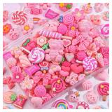 60PCS TINKRSTUFF Pink Slime Charms Cute Flatback Resin Charms for Slime, Random Kawaii Decoden Charm for Embellishments Phone Junk Case Charms Bulk Rainbow Bow Heart Lollipop, Scrapbooking DIY Decor -