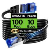 Cat6A Ethernet Cable Shielded 10Gbps 100 ft, Slim Shielded (F/UTP) Ethernet Cable Cat 6, Flexible 28AWG Bare Copper Cat6 Cable, Space-saving Cat 6a Network Cable for Server, Data Center, Black - Retai