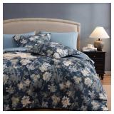 King Comforter Set -7 Pieces Floral Antique Blue Comforter Set for All Seasons, Bed in a Bag King with Botanical Flowers Comforter, Sheets, Pillowcases & Shams - Retail: $80