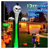 12FT Halloween Inflatables Decoration Outdoor Giant Pumpkin Reaper Ghost Built-in 3-Colored Rotation Flame LED Halloween Blow Up Yard Decorations Spooky Outdoor Party Yard Lawn(1PCS) - Retail: $50