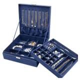 Velvet Jewelry Box Organizer for Women, 2 Layer Jewelry Display Storage Holder Case for Necklace Earrings Bracelets Rings -Navy - Retail: $31