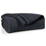 Waffle Blanket Prewashed 100% Combed Cotton - Soft, Lightweight, and Breathable - All-Season Cozy Blanket for Bed, Couch, or Sofa - 90x102 Inch King Thermal Throw Blanket Charcoal