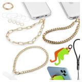 3 pcs Phone Charm with Gold Metal Chain Detachable Lanyard Hand Wrist Smartphone Strap Finger Grip Strap with 4 Patches Tether Cellphone Stand Holder Universal for iPhone 17 16 Pro Max Charms - Retail