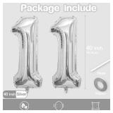 11 Balloon Number, 40 Inch Silver Foil Balloons Giant Jumbo Helium Number 11 Balloons for Boys Girls 11th Birthday Decorations Anniversary Events Party Decorations (Silver)