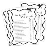 30 PCS Bridal Shower Games Card for 30 Guests Black Wavy Border Ribbon Bow Funny Wedding Bachelorette Party Games for Reception (He Said She Said) - Retail: $10